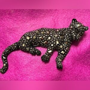 Pink Linen Big Black Cheetah Cat Designer Brooch or Pendant w Crystals